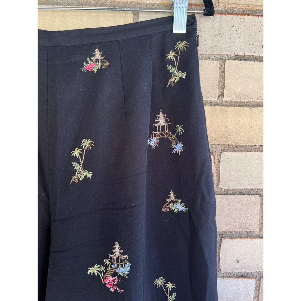 Vintage Talbots Black Silk Cotton Embroidered Palm Tree Pagoda Pants 10 Medium - Picture 2 of 6